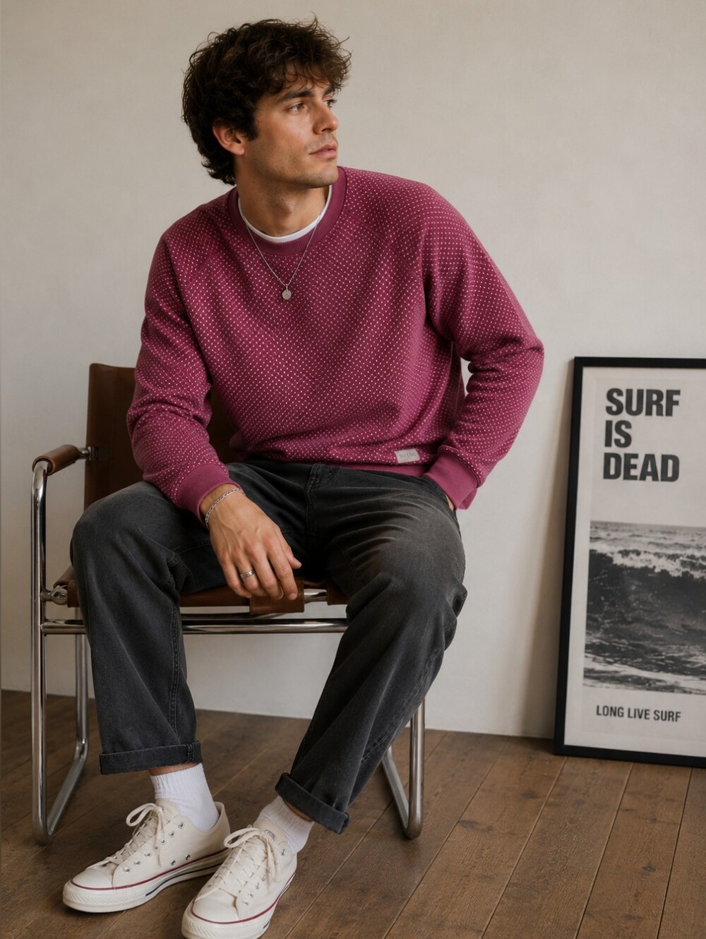 Only & Sons | Burgundy Micro Floral Crewneck Sweatshirt, Size L